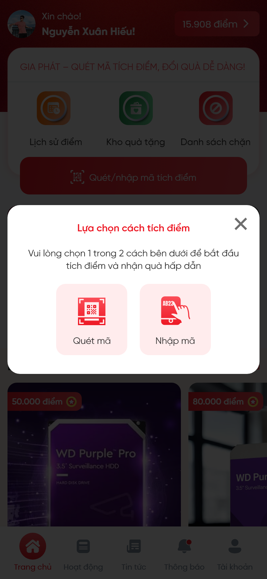 Ứng dụng Tích điểm, đổi quà tặng